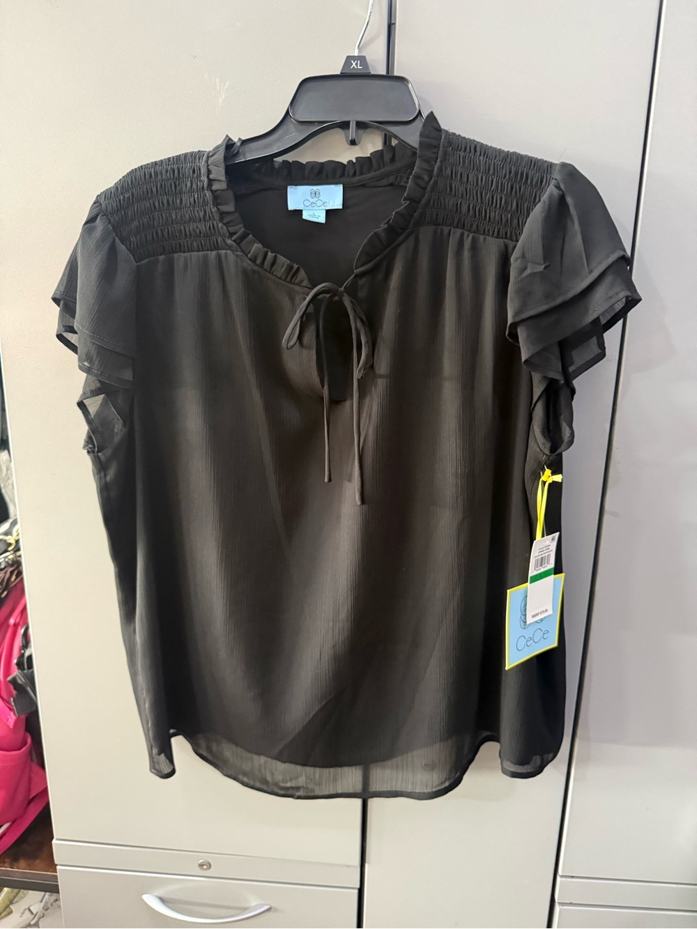 CeCe Black Ruffle Sleeve Tie-Front Blouse
